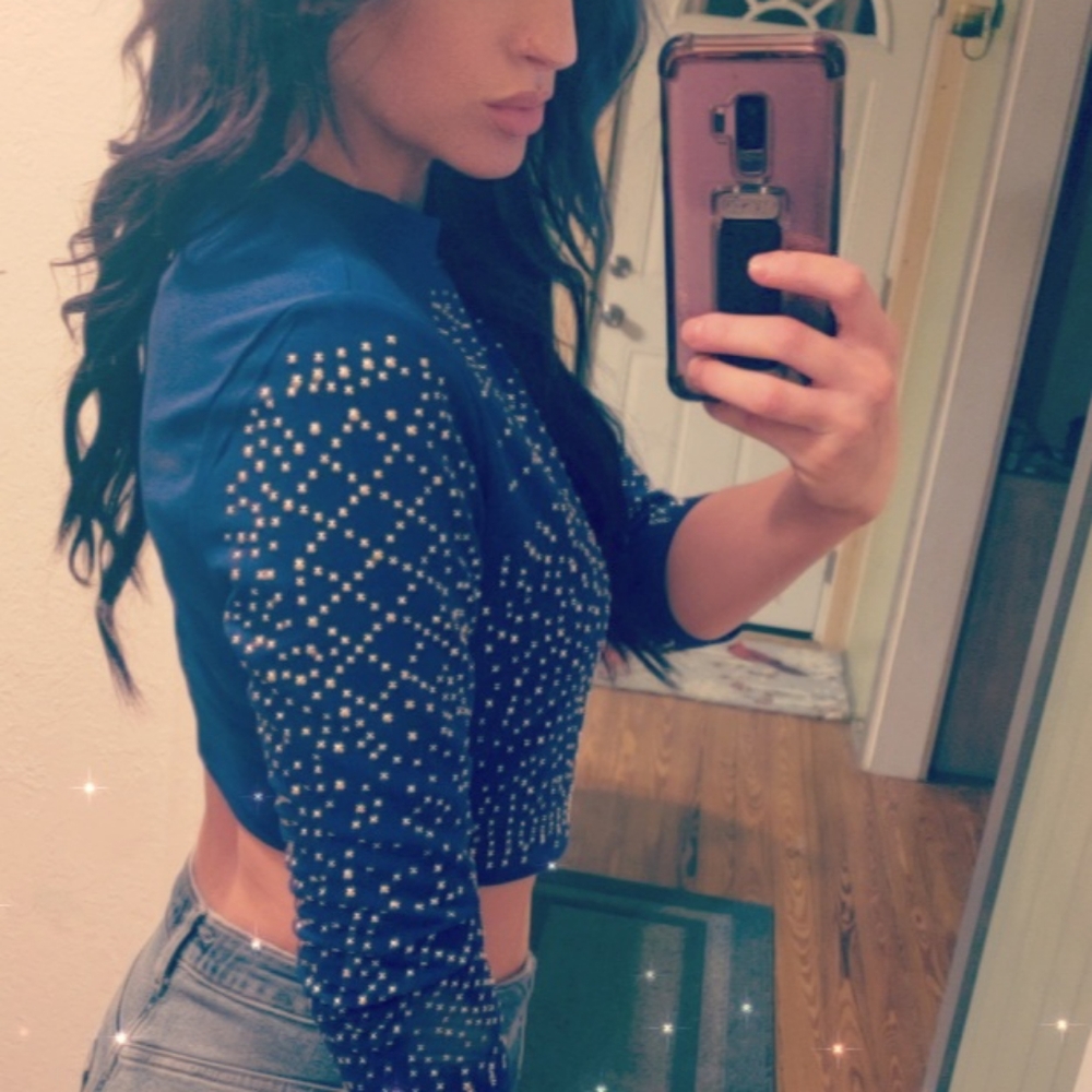 Studded Long Sleeve Blue Crop Top - Picture 3 of 3